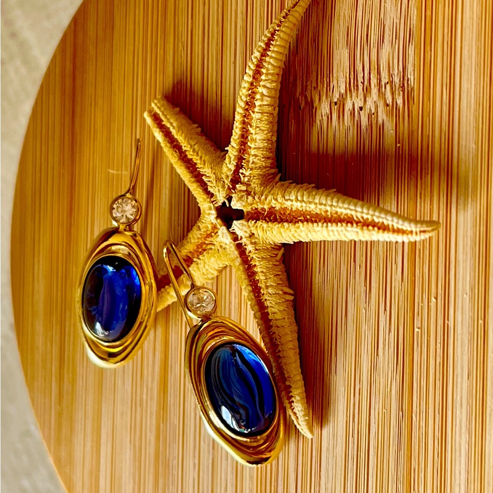 Yulia ONLY 14K Italian Yellow Gold Pomelatto style earrings with blue sapphires - Picture 4 of 13